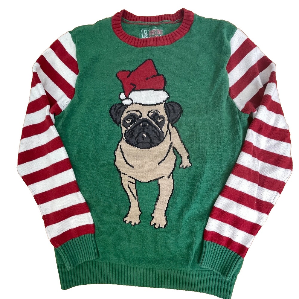 Ugly Christmas Sweater Womens Large Pullover Pug Dog Santa Hat Stripe Sleeves